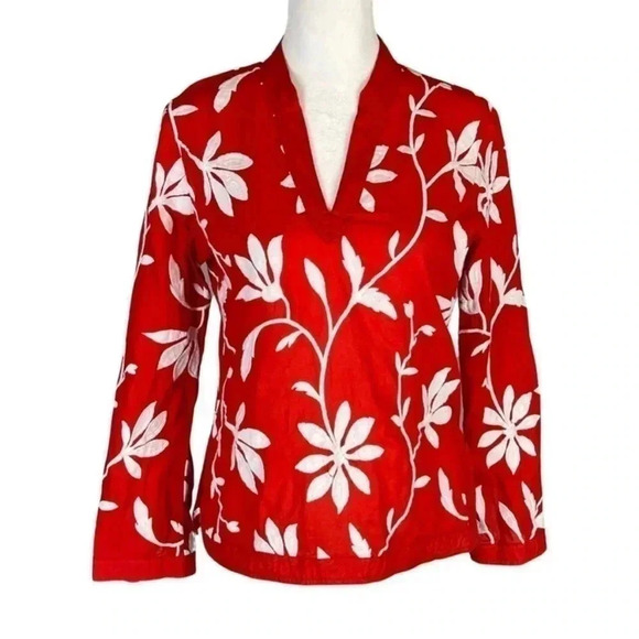 Talbots Stretch Red White Floral V-
Neck Long Sleeve tunic Size 12 - Picture 1 of 9